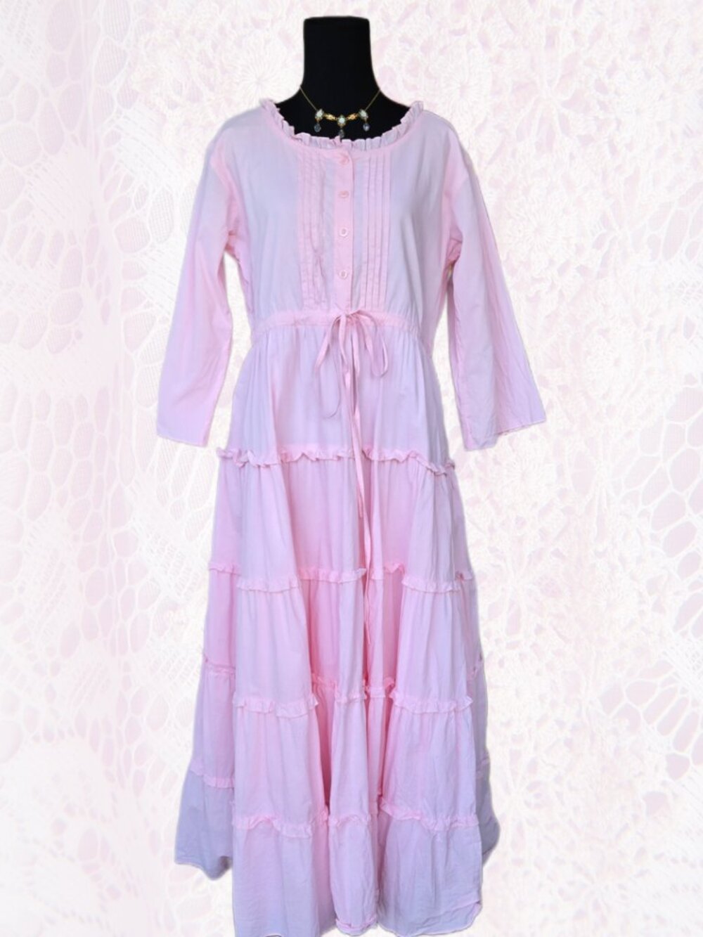 Bimba Prairie Style Boho Pink Ruffle Dress Romantic Cottage Women's Size Medium